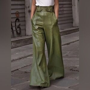 Olive Wide-Leg Leather Pants